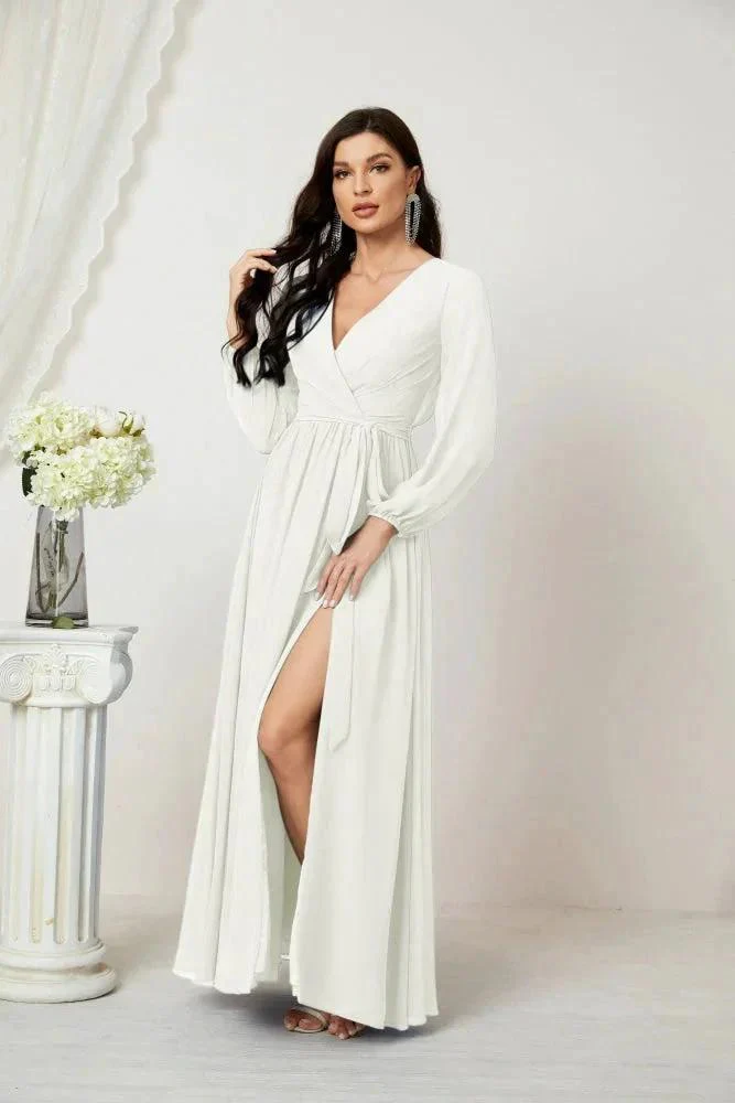 Sunnderly Evening Dresses Deep V-Neck Chiffon Bridesmaid Dresses Long Bishop Sleeve Side Split Formal Dress SY2806 - Image 101