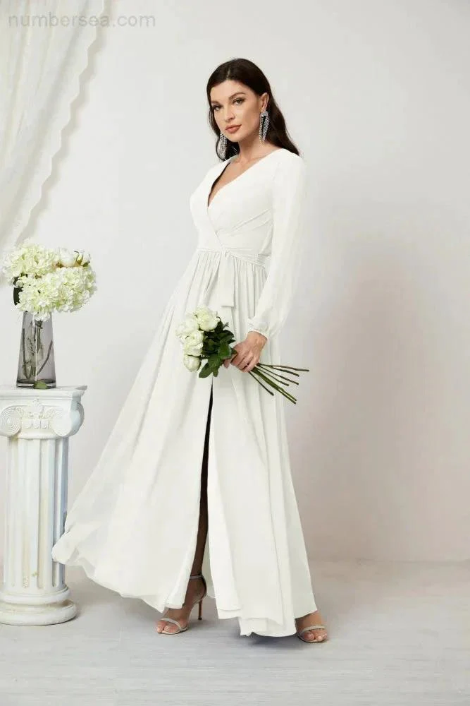 Sunnderly Evening Dresses Deep V-Neck Chiffon Bridesmaid Dresses Long Bishop Sleeve Side Split Formal Dress SY2806 - Image 104