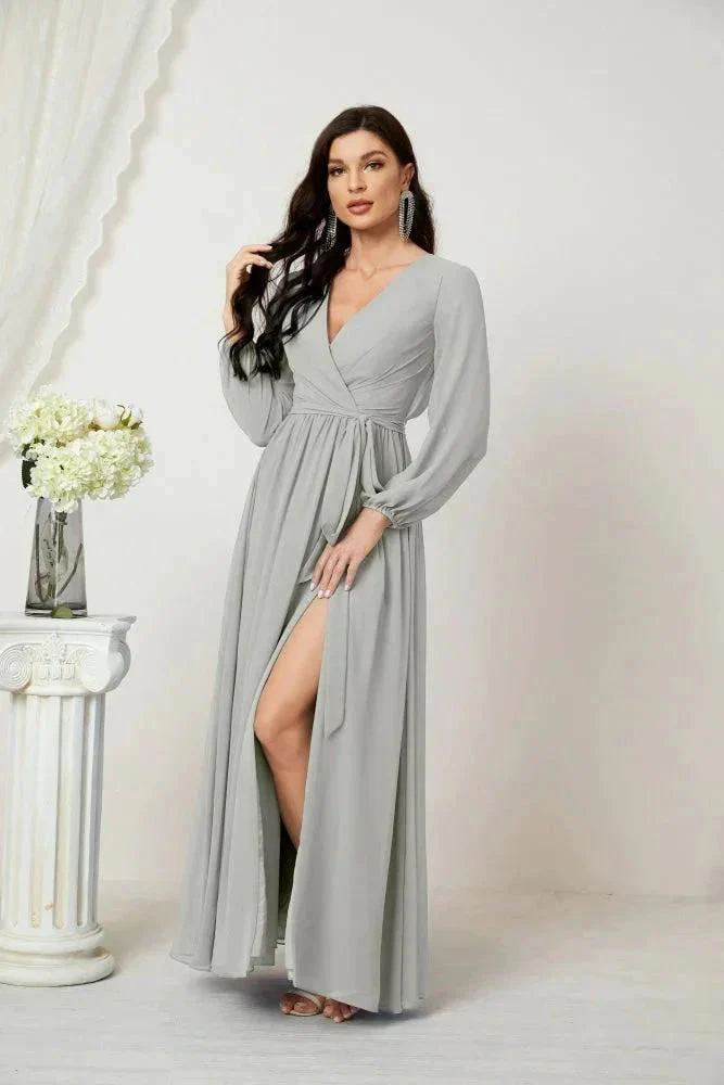 Sunnderly Evening Dresses Deep V-Neck Chiffon Bridesmaid Dresses Long Bishop Sleeve Side Split Formal Dress SY2806 - Image 105
