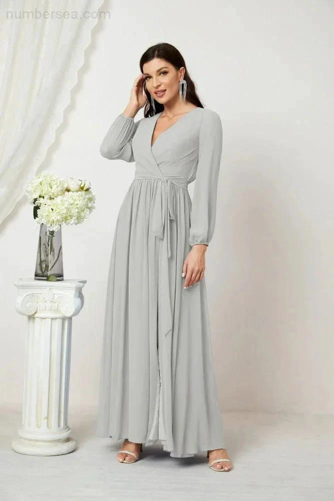 Sunnderly Evening Dresses Deep V-Neck Chiffon Bridesmaid Dresses Long Bishop Sleeve Side Split Formal Dress SY2806 - Image 107