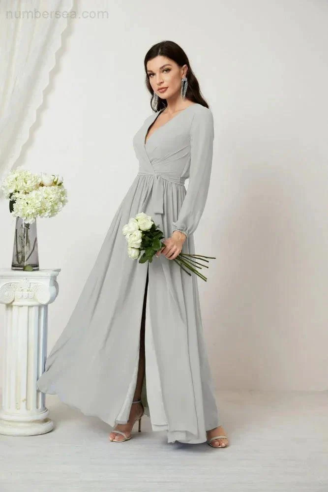 Sunnderly Evening Dresses Deep V-Neck Chiffon Bridesmaid Dresses Long Bishop Sleeve Side Split Formal Dress SY2806 - Image 108
