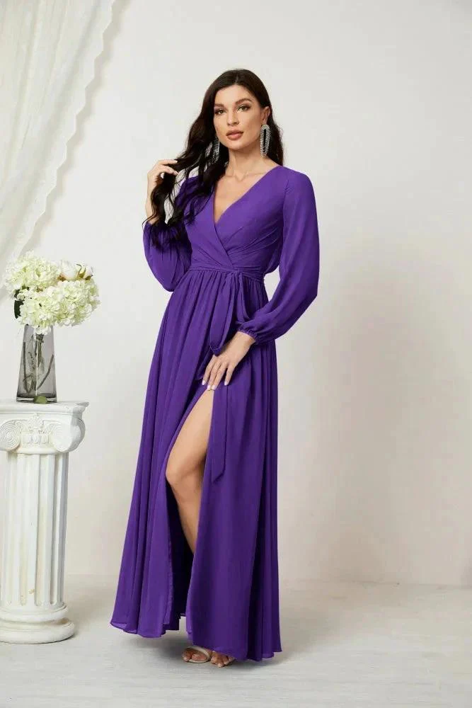 Sunnderly Evening Dresses Deep V-Neck Chiffon Bridesmaid Dresses Long Bishop Sleeve Side Split Formal Dress SY2806 - Image 109
