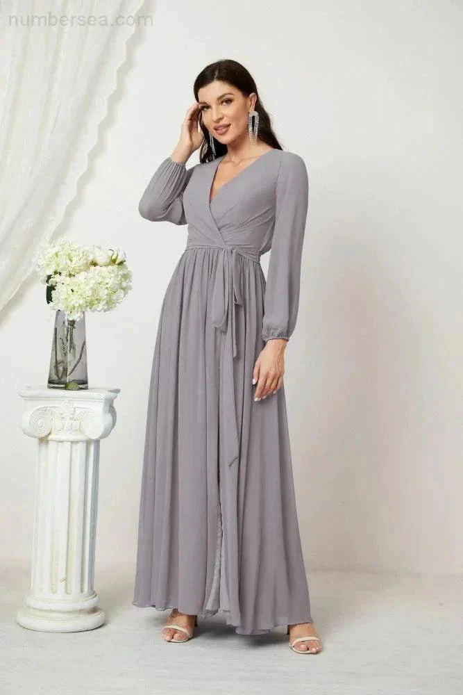 Sunnderly Evening Dresses Deep V-Neck Chiffon Bridesmaid Dresses Long Bishop Sleeve Side Split Formal Dress SY2806 - Image 11