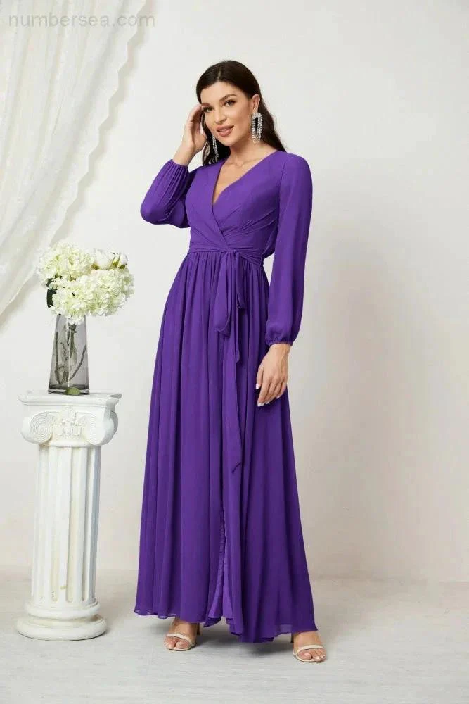 Sunnderly Evening Dresses Deep V-Neck Chiffon Bridesmaid Dresses Long Bishop Sleeve Side Split Formal Dress SY2806 - Image 111