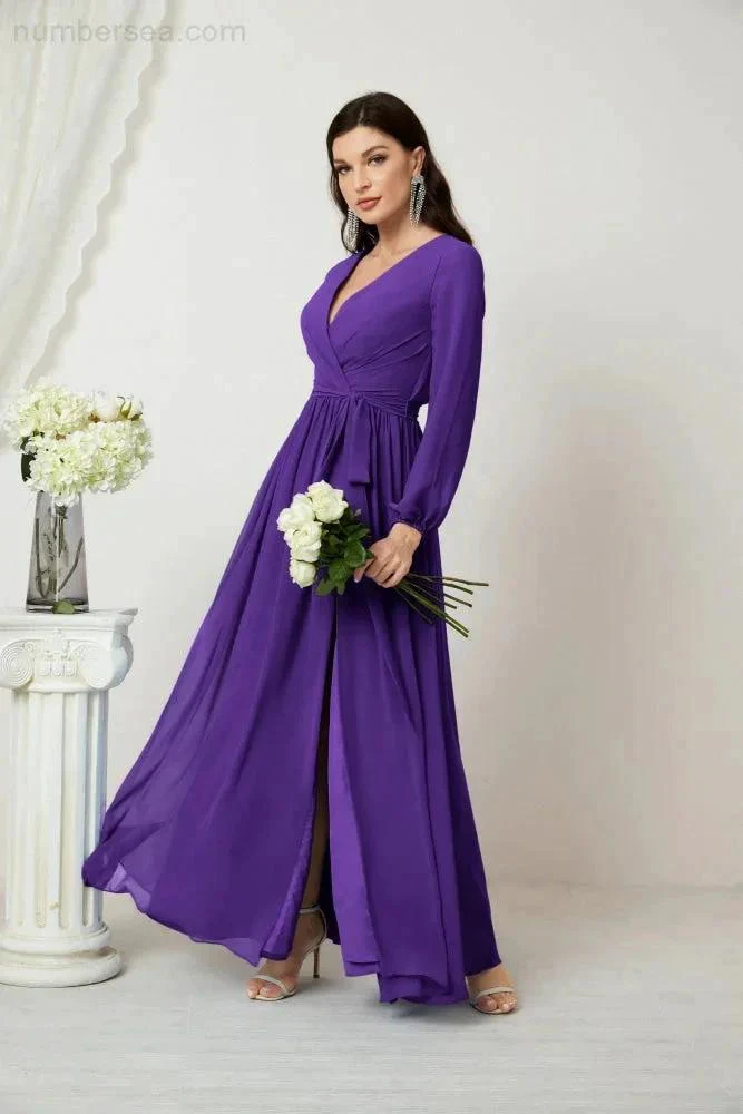 Sunnderly Evening Dresses Deep V-Neck Chiffon Bridesmaid Dresses Long Bishop Sleeve Side Split Formal Dress SY2806 - Image 112