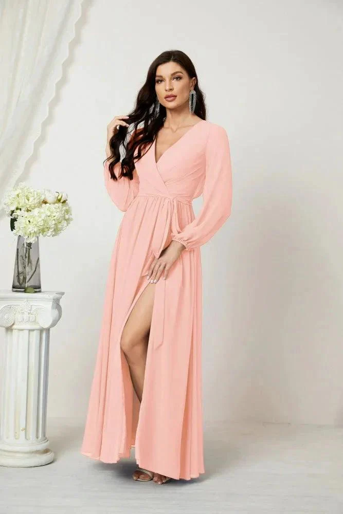 Sunnderly Evening Dresses Deep V-Neck Chiffon Bridesmaid Dresses Long Bishop Sleeve Side Split Formal Dress SY2806 - Image 113