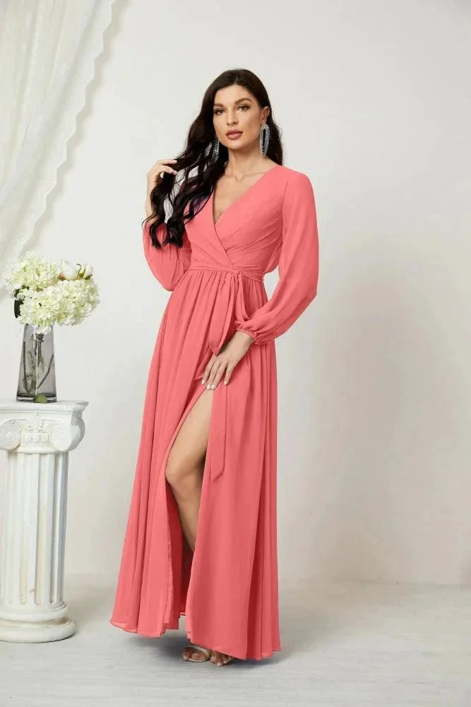 Sunnderly Evening Dresses Deep V-Neck Chiffon Bridesmaid Dresses Long Bishop Sleeve Side Split Formal Dress SY2806 - Image 117