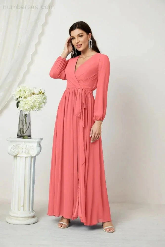 Sunnderly Evening Dresses Deep V-Neck Chiffon Bridesmaid Dresses Long Bishop Sleeve Side Split Formal Dress SY2806 - Image 119