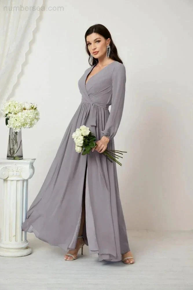 Sunnderly Evening Dresses Deep V-Neck Chiffon Bridesmaid Dresses Long Bishop Sleeve Side Split Formal Dress SY2806 - Image 12