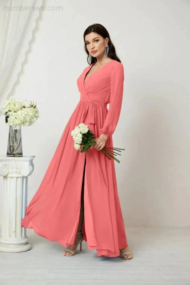 Sunnderly Evening Dresses Deep V-Neck Chiffon Bridesmaid Dresses Long Bishop Sleeve Side Split Formal Dress SY2806 - Image 120