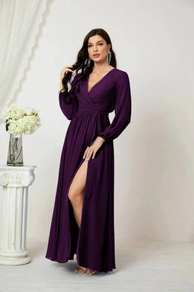 Sunnderly Evening Dresses Deep V-Neck Chiffon Bridesmaid Dresses Long Bishop Sleeve Side Split Formal Dress SY2806 - Image 121