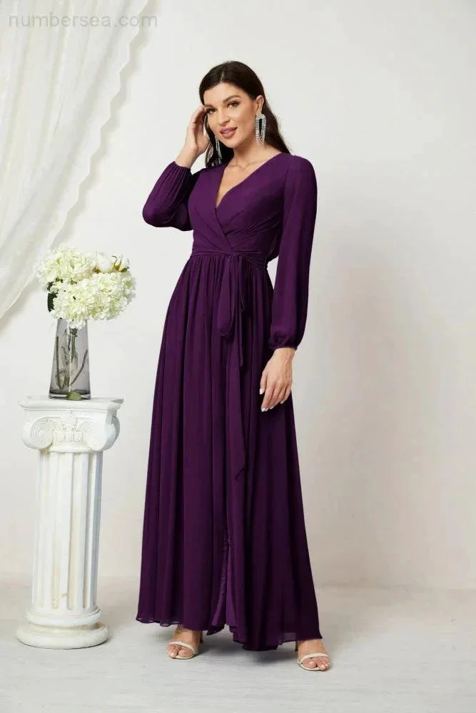 Sunnderly Evening Dresses Deep V-Neck Chiffon Bridesmaid Dresses Long Bishop Sleeve Side Split Formal Dress SY2806 - Image 123