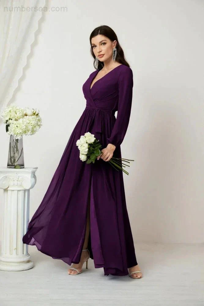 Sunnderly Evening Dresses Deep V-Neck Chiffon Bridesmaid Dresses Long Bishop Sleeve Side Split Formal Dress SY2806 - Image 124