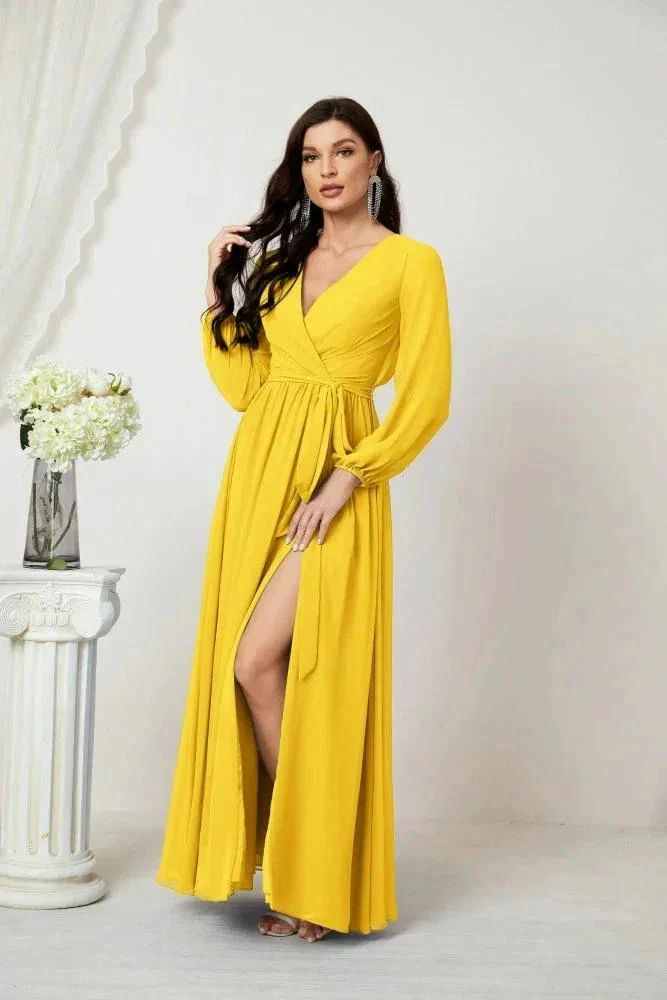 Sunnderly Evening Dresses Deep V-Neck Chiffon Bridesmaid Dresses Long Bishop Sleeve Side Split Formal Dress SY2806 - Image 129