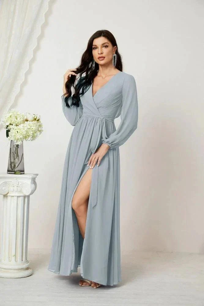 Sunnderly Evening Dresses Deep V-Neck Chiffon Bridesmaid Dresses Long Bishop Sleeve Side Split Formal Dress SY2806 - Image 13
