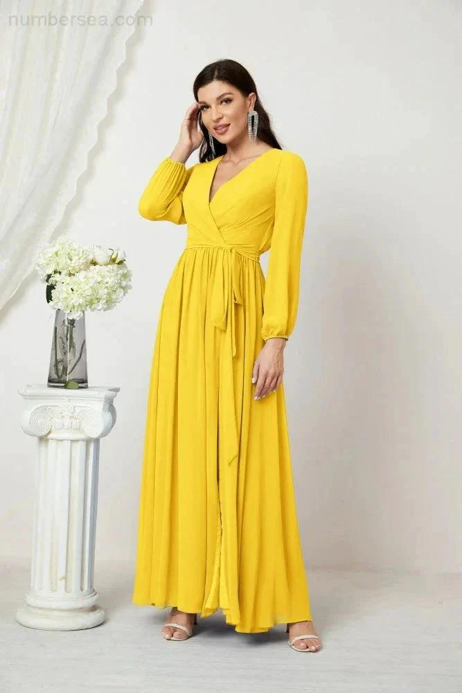 Sunnderly Evening Dresses Deep V-Neck Chiffon Bridesmaid Dresses Long Bishop Sleeve Side Split Formal Dress SY2806 - Image 131