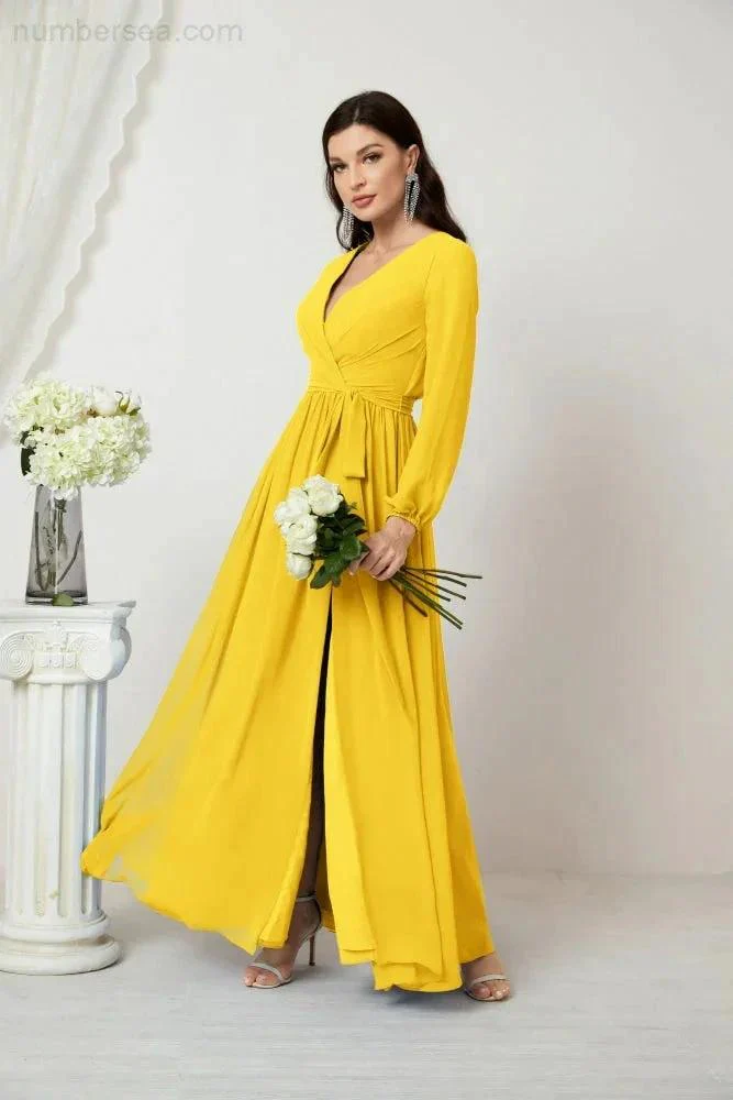 Sunnderly Evening Dresses Deep V-Neck Chiffon Bridesmaid Dresses Long Bishop Sleeve Side Split Formal Dress SY2806 - Image 132
