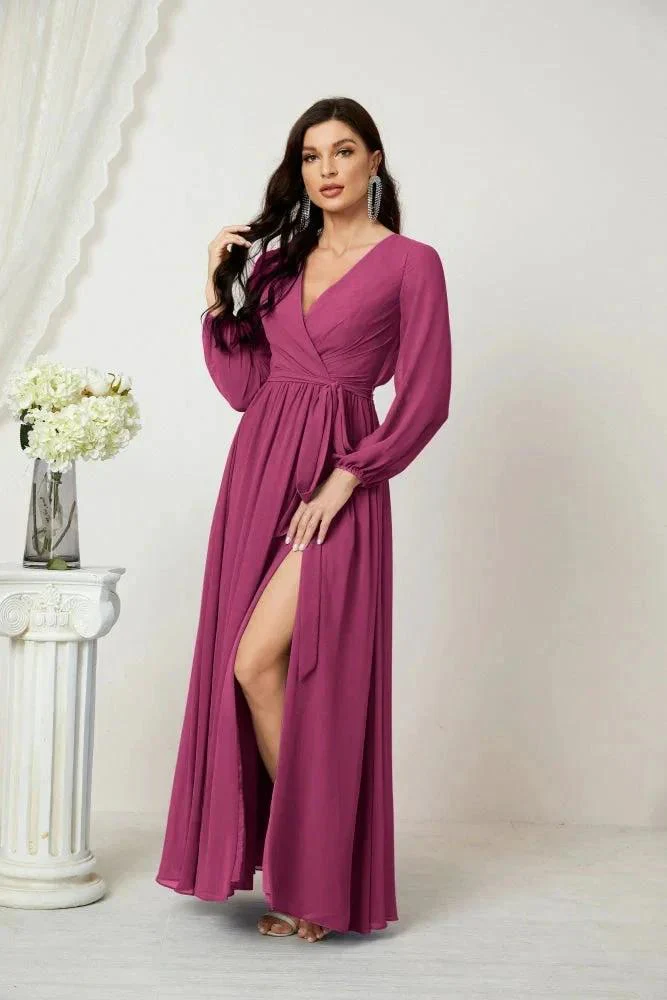 Sunnderly Evening Dresses Deep V-Neck Chiffon Bridesmaid Dresses Long Bishop Sleeve Side Split Formal Dress SY2806 - Image 133