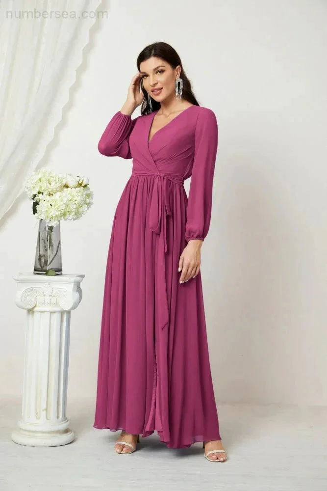 Sunnderly Evening Dresses Deep V-Neck Chiffon Bridesmaid Dresses Long Bishop Sleeve Side Split Formal Dress SY2806 - Image 135