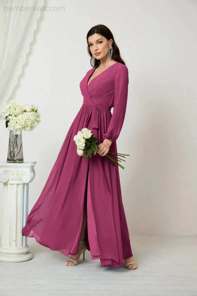 Sunnderly Evening Dresses Deep V-Neck Chiffon Bridesmaid Dresses Long Bishop Sleeve Side Split Formal Dress SY2806 - Image 136