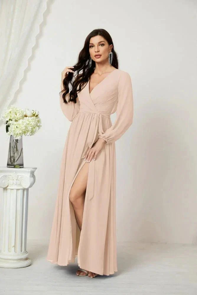 Sunnderly Evening Dresses Deep V-Neck Chiffon Bridesmaid Dresses Long Bishop Sleeve Side Split Formal Dress SY2806 - Image 137
