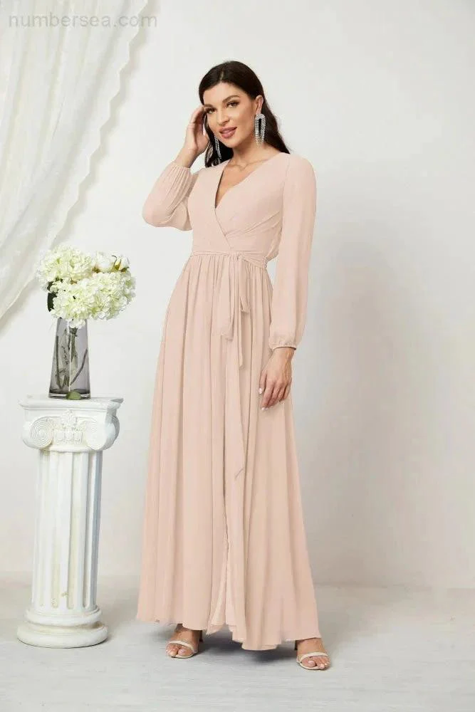 Sunnderly Evening Dresses Deep V-Neck Chiffon Bridesmaid Dresses Long Bishop Sleeve Side Split Formal Dress SY2806 - Image 139