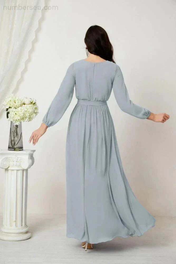 Sunnderly Evening Dresses Deep V-Neck Chiffon Bridesmaid Dresses Long Bishop Sleeve Side Split Formal Dress SY2806 - Image 14