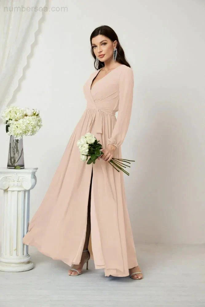 Sunnderly Evening Dresses Deep V-Neck Chiffon Bridesmaid Dresses Long Bishop Sleeve Side Split Formal Dress SY2806 - Image 140