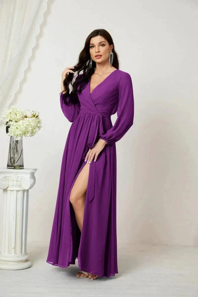 Sunnderly Evening Dresses Deep V-Neck Chiffon Bridesmaid Dresses Long Bishop Sleeve Side Split Formal Dress SY2806 - Image 141