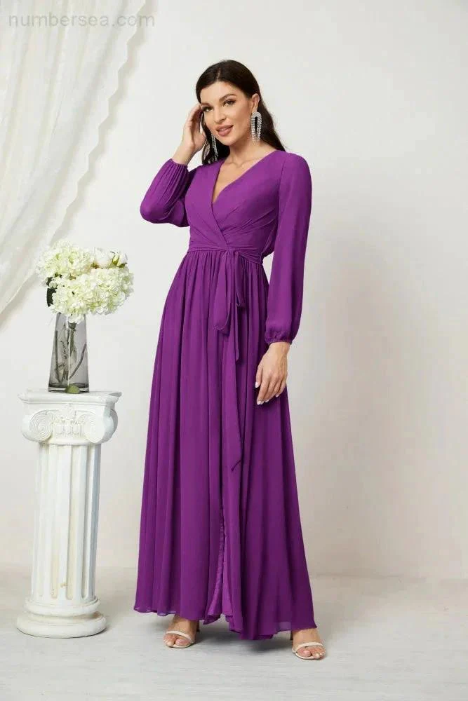 Sunnderly Evening Dresses Deep V-Neck Chiffon Bridesmaid Dresses Long Bishop Sleeve Side Split Formal Dress SY2806 - Image 143