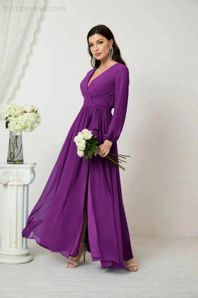 Sunnderly Evening Dresses Deep V-Neck Chiffon Bridesmaid Dresses Long Bishop Sleeve Side Split Formal Dress SY2806 - Image 144