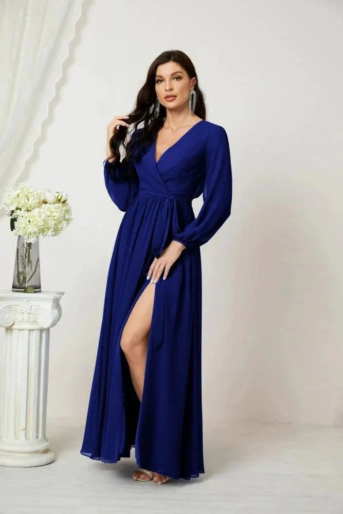 Sunnderly Evening Dresses Deep V-Neck Chiffon Bridesmaid Dresses Long Bishop Sleeve Side Split Formal Dress SY2806 - Image 145