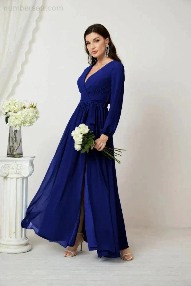 Sunnderly Evening Dresses Deep V-Neck Chiffon Bridesmaid Dresses Long Bishop Sleeve Side Split Formal Dress SY2806 - Image 148