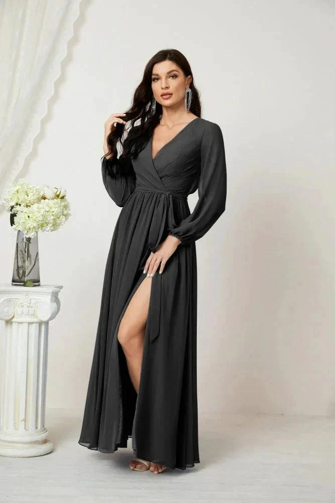 Sunnderly Evening Dresses Deep V-Neck Chiffon Bridesmaid Dresses Long Bishop Sleeve Side Split Formal Dress SY2806 - Image 149