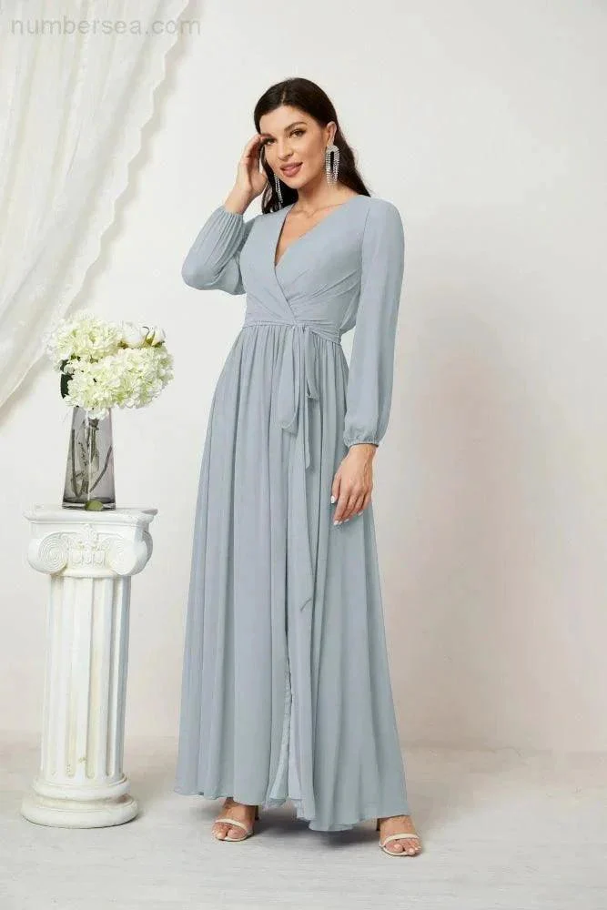Sunnderly Evening Dresses Deep V-Neck Chiffon Bridesmaid Dresses Long Bishop Sleeve Side Split Formal Dress SY2806 - Image 15