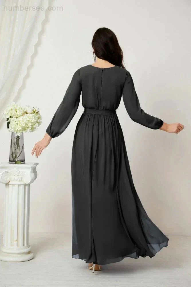 Sunnderly Evening Dresses Deep V-Neck Chiffon Bridesmaid Dresses Long Bishop Sleeve Side Split Formal Dress SY2806 - Image 150