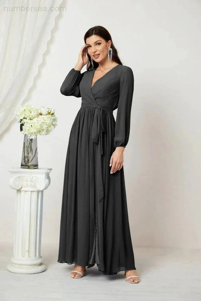 Sunnderly Evening Dresses Deep V-Neck Chiffon Bridesmaid Dresses Long Bishop Sleeve Side Split Formal Dress SY2806 - Image 151