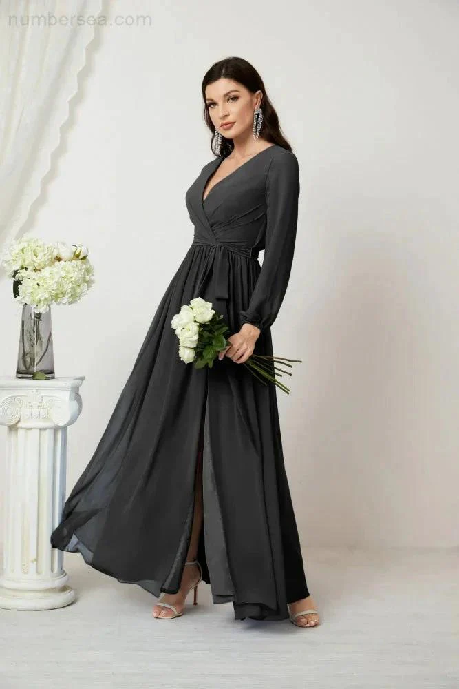 Sunnderly Evening Dresses Deep V-Neck Chiffon Bridesmaid Dresses Long Bishop Sleeve Side Split Formal Dress SY2806 - Image 152