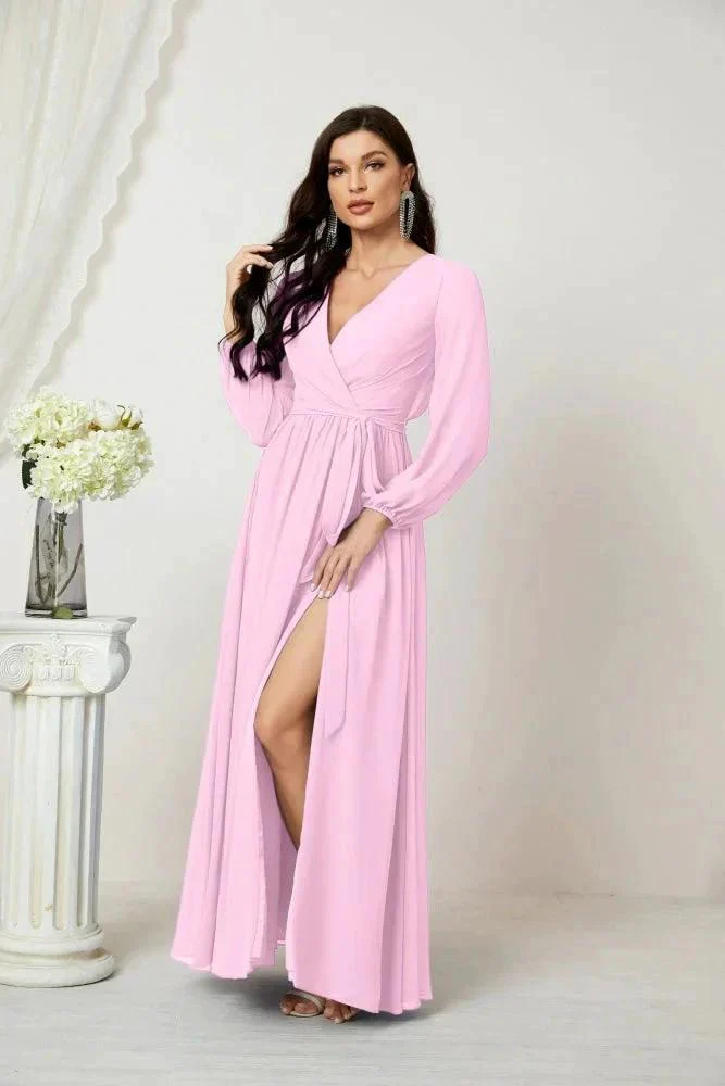 Sunnderly Evening Dresses Deep V-Neck Chiffon Bridesmaid Dresses Long Bishop Sleeve Side Split Formal Dress SY2806 - Image 153