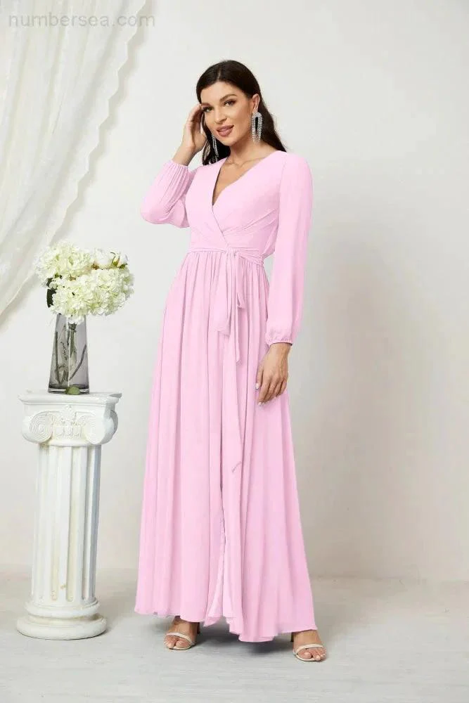Sunnderly Evening Dresses Deep V-Neck Chiffon Bridesmaid Dresses Long Bishop Sleeve Side Split Formal Dress SY2806 - Image 155