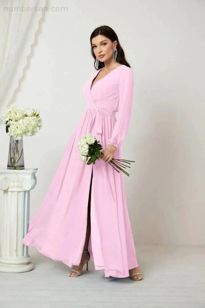 Sunnderly Evening Dresses Deep V-Neck Chiffon Bridesmaid Dresses Long Bishop Sleeve Side Split Formal Dress SY2806 - Image 156