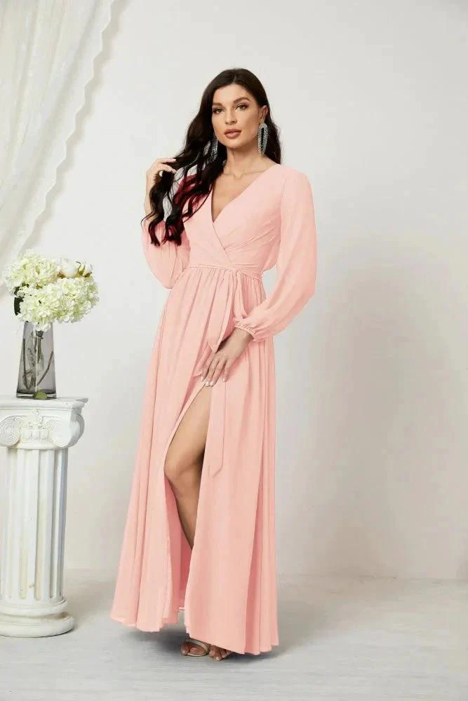 Sunnderly Evening Dresses Deep V-Neck Chiffon Bridesmaid Dresses Long Bishop Sleeve Side Split Formal Dress SY2806 - Image 157