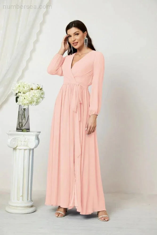 Sunnderly Evening Dresses Deep V-Neck Chiffon Bridesmaid Dresses Long Bishop Sleeve Side Split Formal Dress SY2806 - Image 159