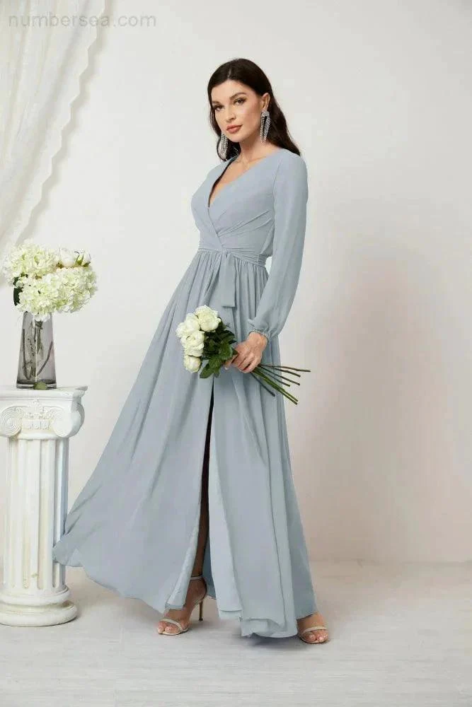 Sunnderly Evening Dresses Deep V-Neck Chiffon Bridesmaid Dresses Long Bishop Sleeve Side Split Formal Dress SY2806 - Image 16