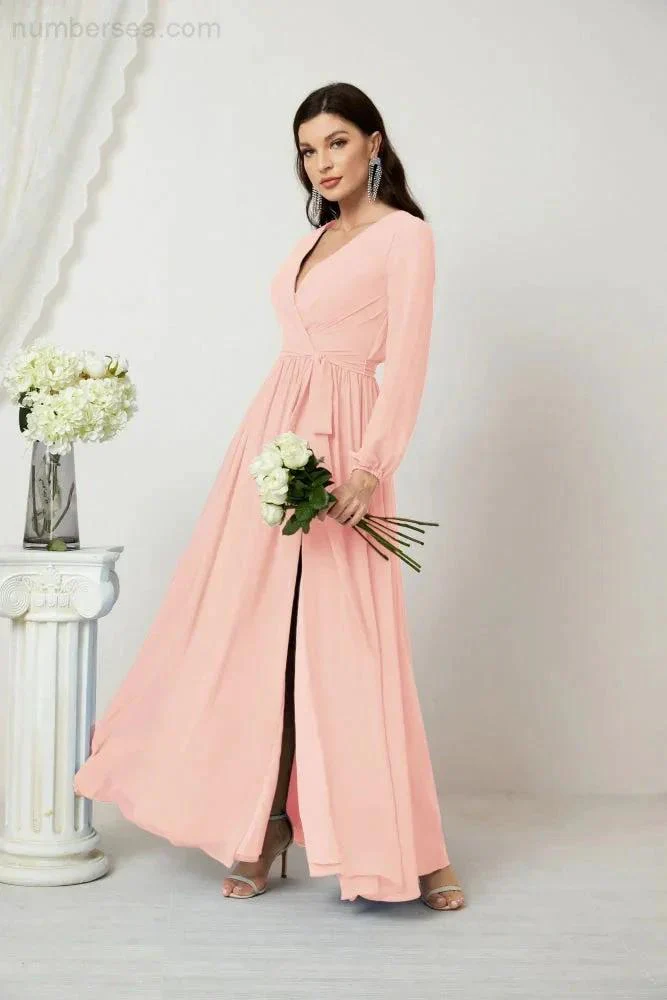 Sunnderly Evening Dresses Deep V-Neck Chiffon Bridesmaid Dresses Long Bishop Sleeve Side Split Formal Dress SY2806 - Image 160
