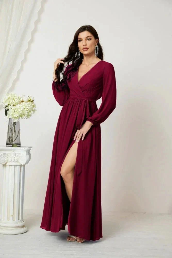 Sunnderly Evening Dresses Deep V-Neck Chiffon Bridesmaid Dresses Long Bishop Sleeve Side Split Formal Dress SY2806 - Image 161