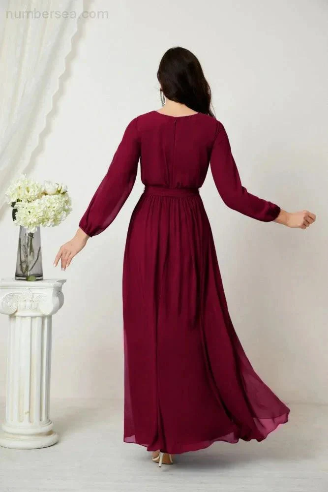 Sunnderly Evening Dresses Deep V-Neck Chiffon Bridesmaid Dresses Long Bishop Sleeve Side Split Formal Dress SY2806 - Image 162