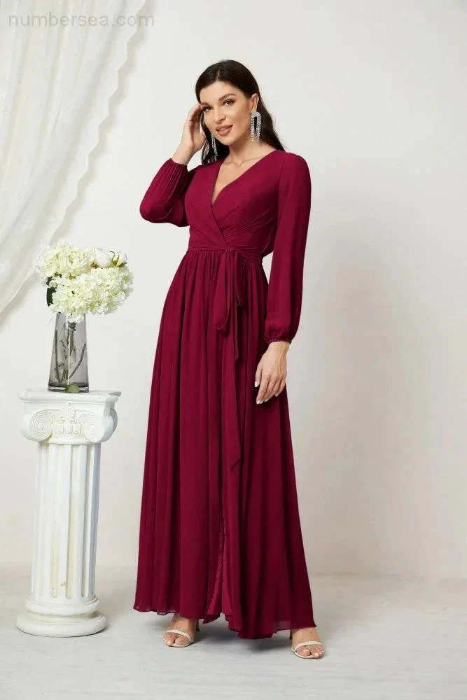 Sunnderly Evening Dresses Deep V-Neck Chiffon Bridesmaid Dresses Long Bishop Sleeve Side Split Formal Dress SY2806 - Image 163
