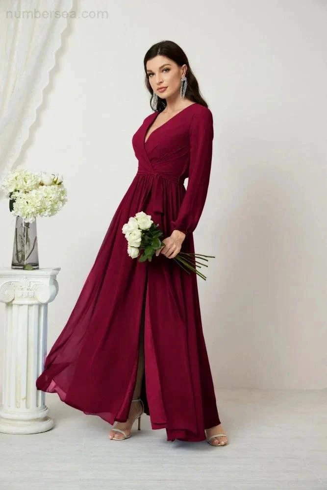 Sunnderly Evening Dresses Deep V-Neck Chiffon Bridesmaid Dresses Long Bishop Sleeve Side Split Formal Dress SY2806 - Image 164