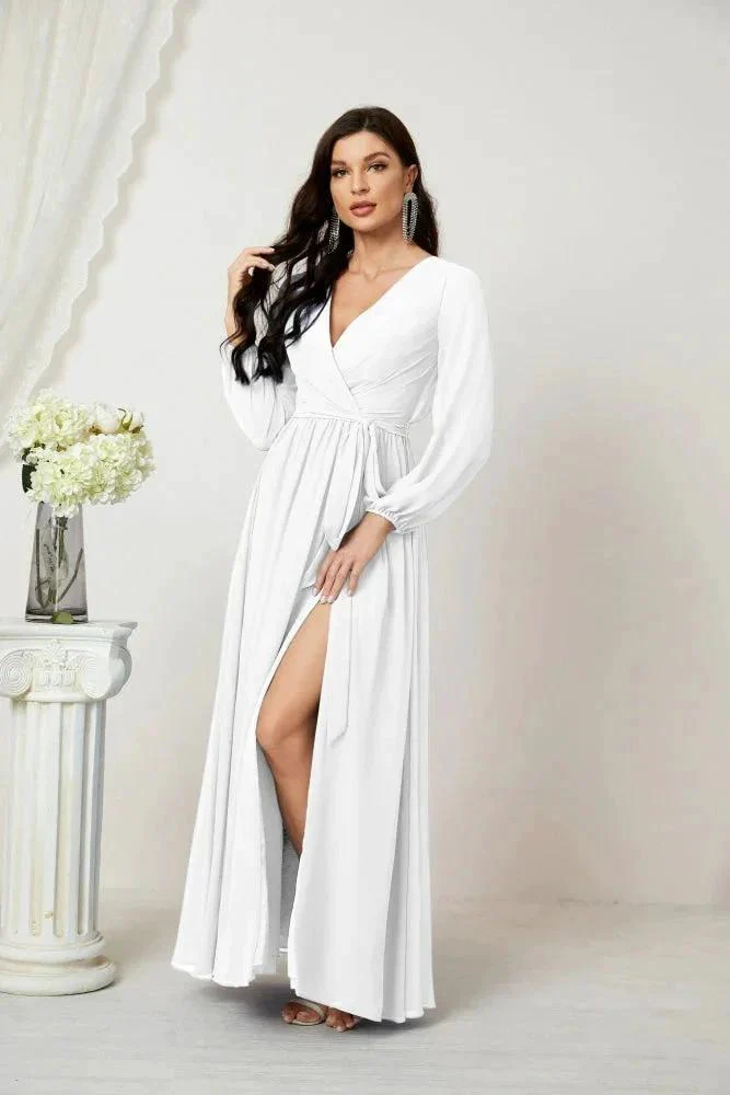 Sunnderly Evening Dresses Deep V-Neck Chiffon Bridesmaid Dresses Long Bishop Sleeve Side Split Formal Dress SY2806 - Image 165